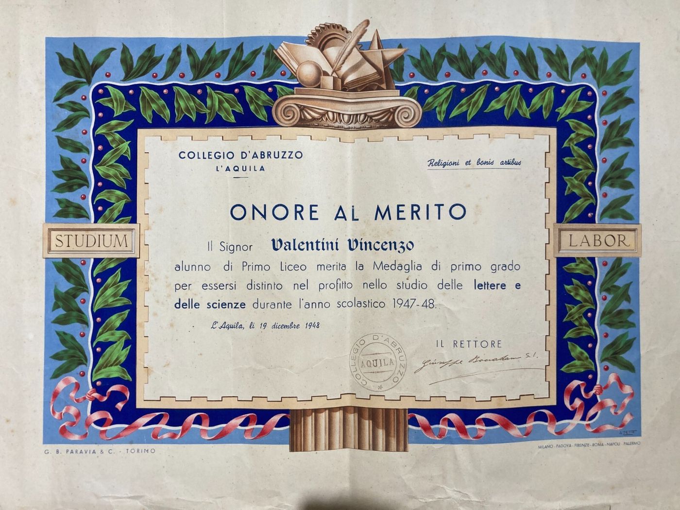 Abruzzo, L'Aquila: Diploma Di Merito Del Collegio d'Abruzzo, 1948