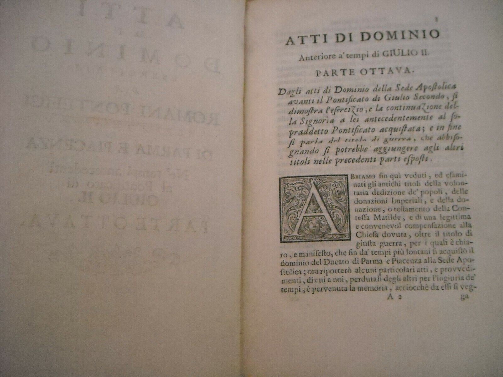 Emilia, Parma, Piacenza: Atti Di Dominio Dei Romani Pontefici Giulio II, Matilde, Fano 1741