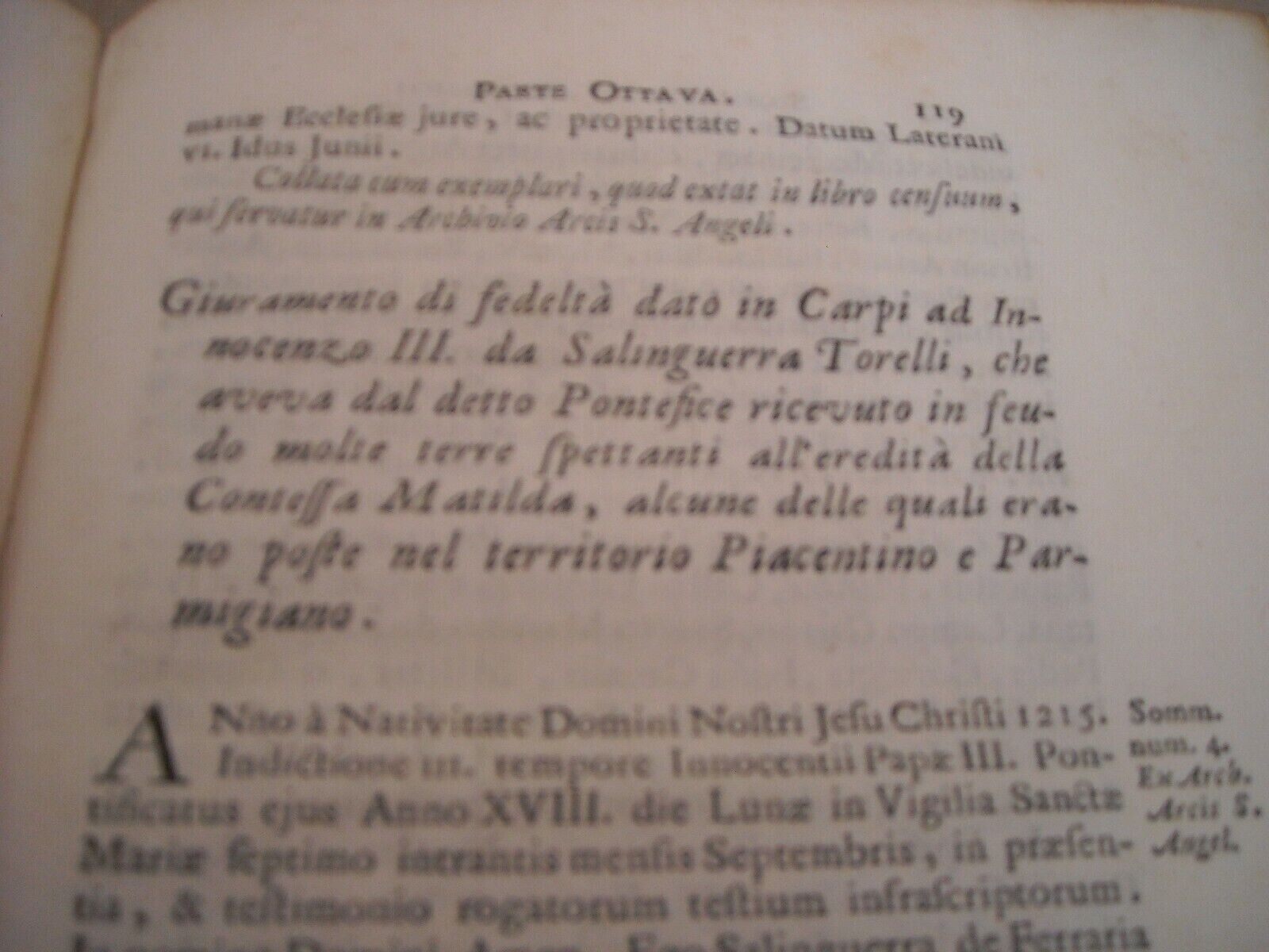 Emilia, Parma, Piacenza: Atti Di Dominio Dei Romani Pontefici Giulio II, Matilde, Fano 1741