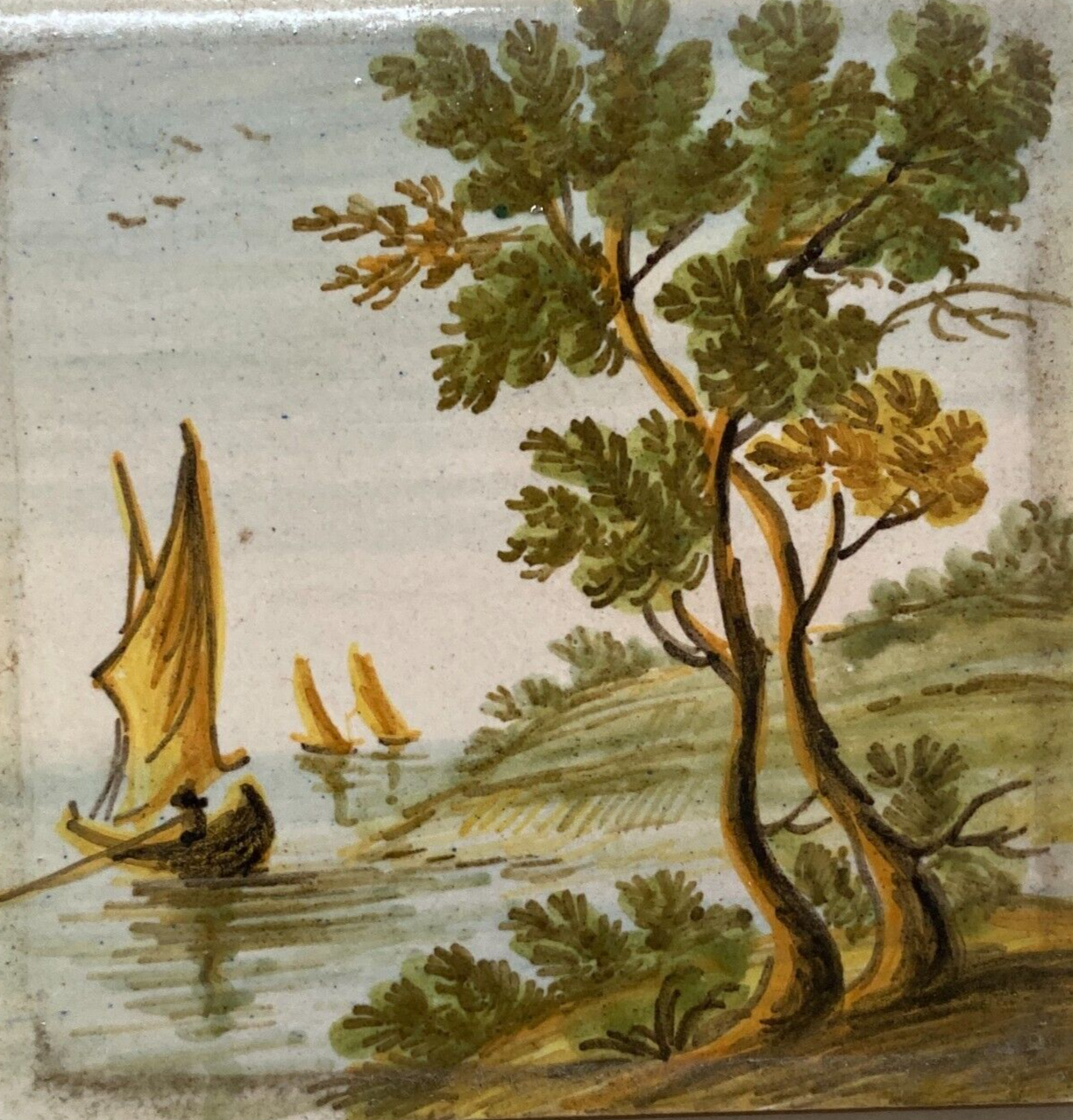Abruzzo, Castelli, Mattonella In Ceramica Dipinta Con Paesaggio, Alberi E Barche