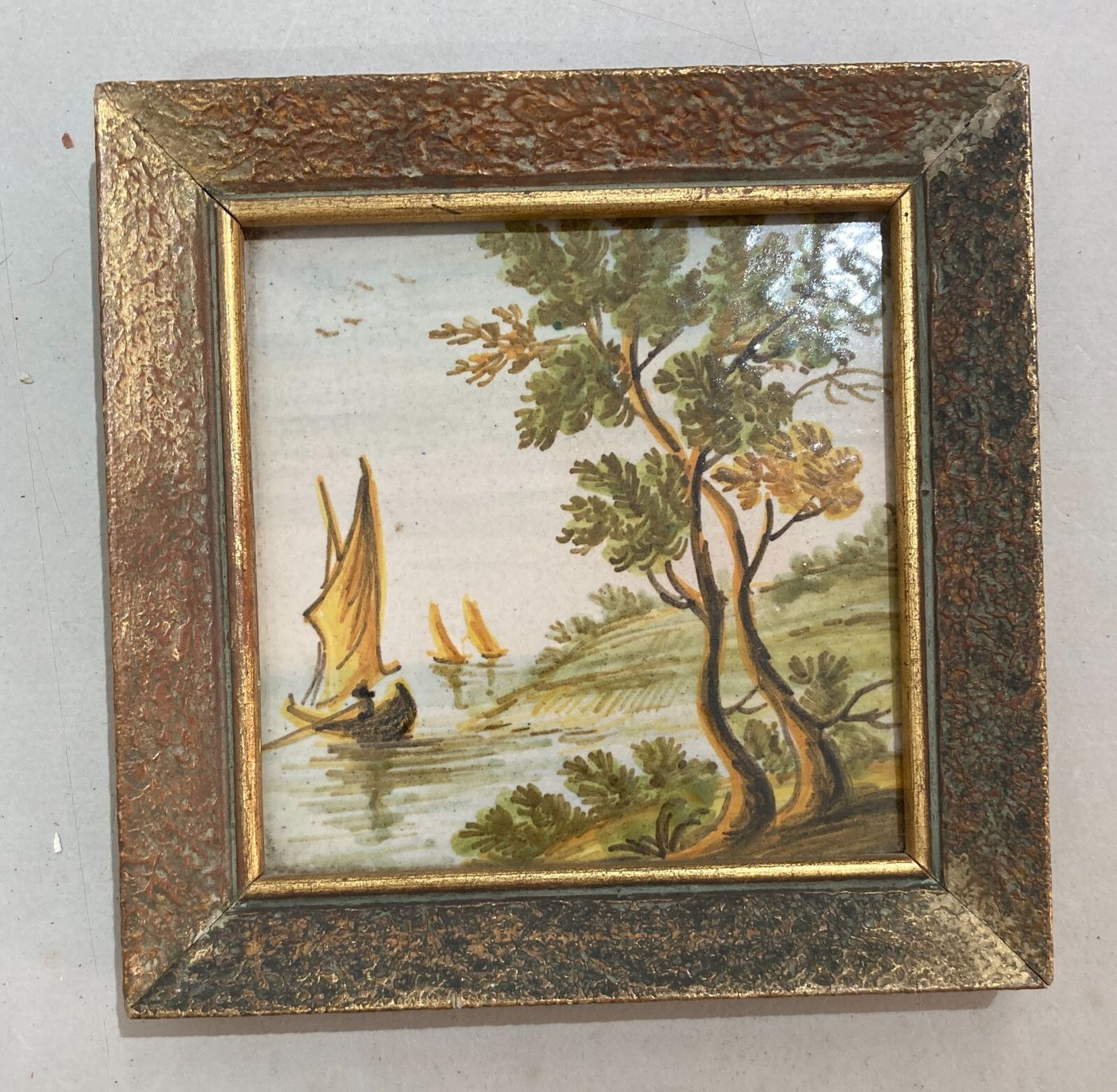 Abruzzo, Castelli, Mattonella In Ceramica Dipinta Con Paesaggio, Alberi E Barche