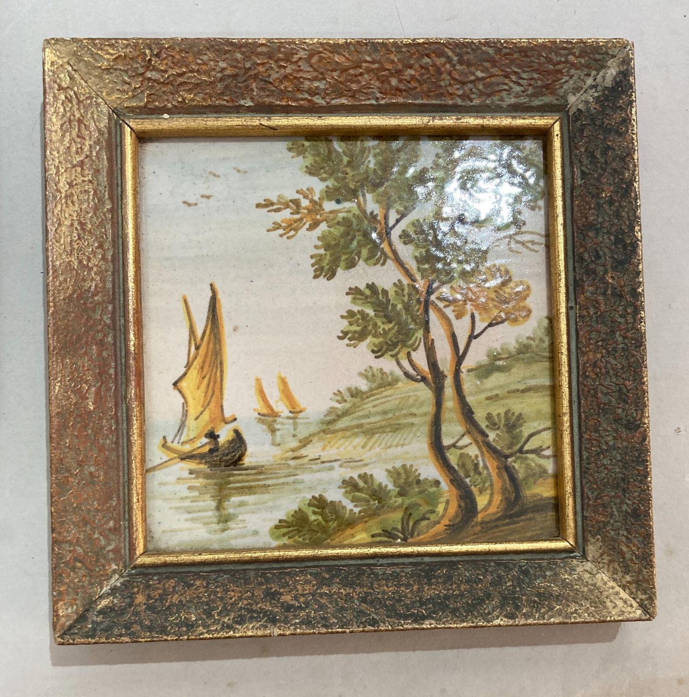 Abruzzo, Castelli, Mattonella In Ceramica Dipinta Con Paesaggio, Alberi E Barche