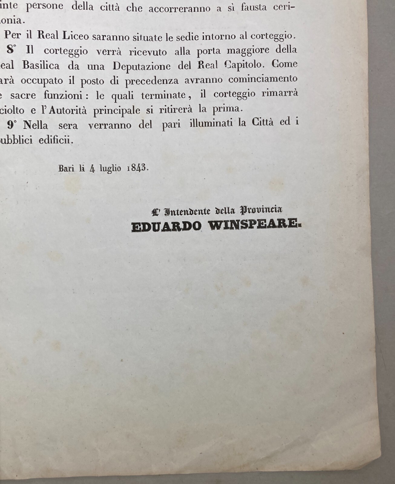 Puglia   Bari   Borboni   Festeggiamenti Per Il Compleanno Della Regina   1843