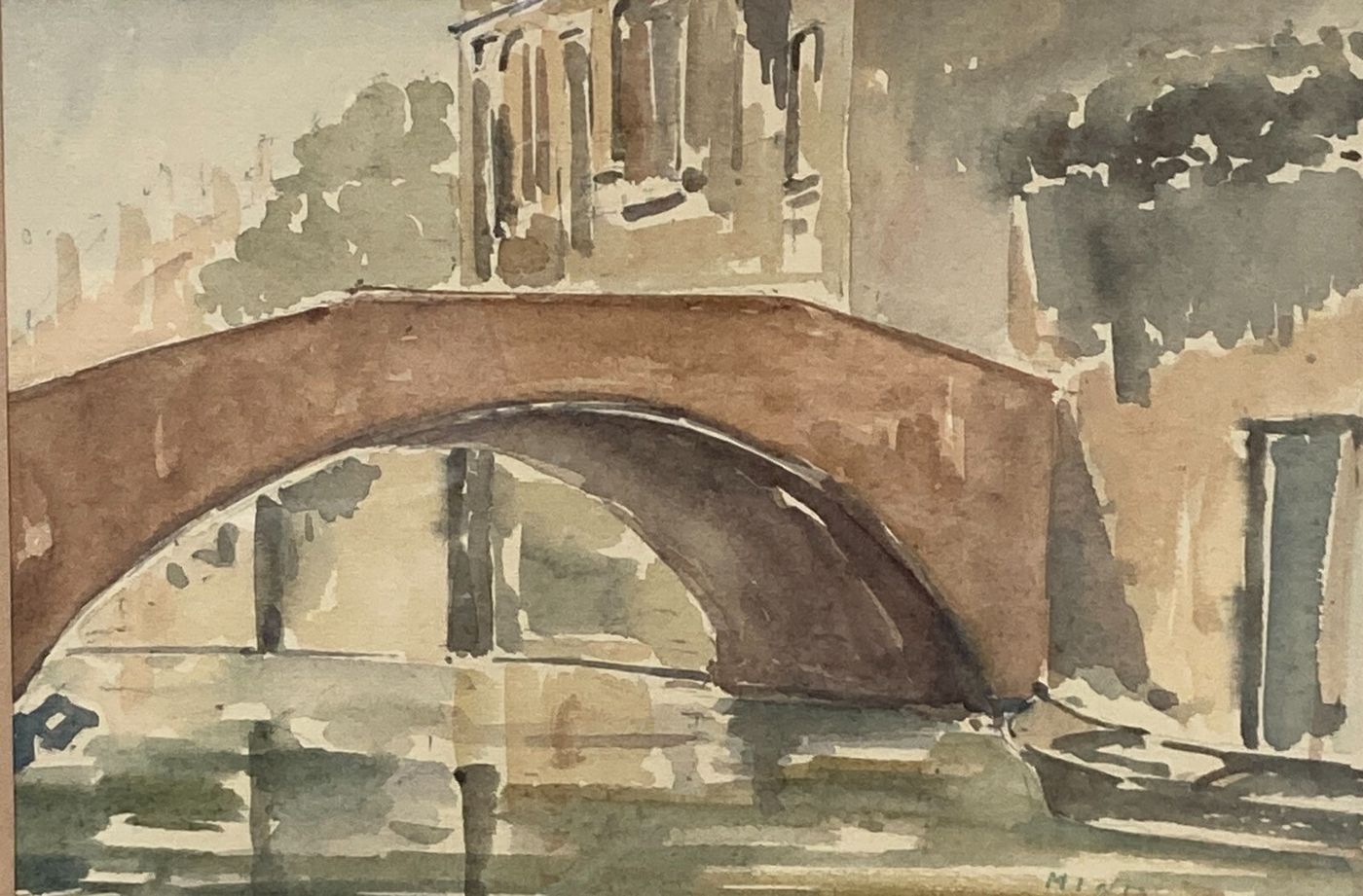 Arte Del '900: Venezia, Veduta Con Ponte. Artista Veneziano Alessandro Minio. Acquerello