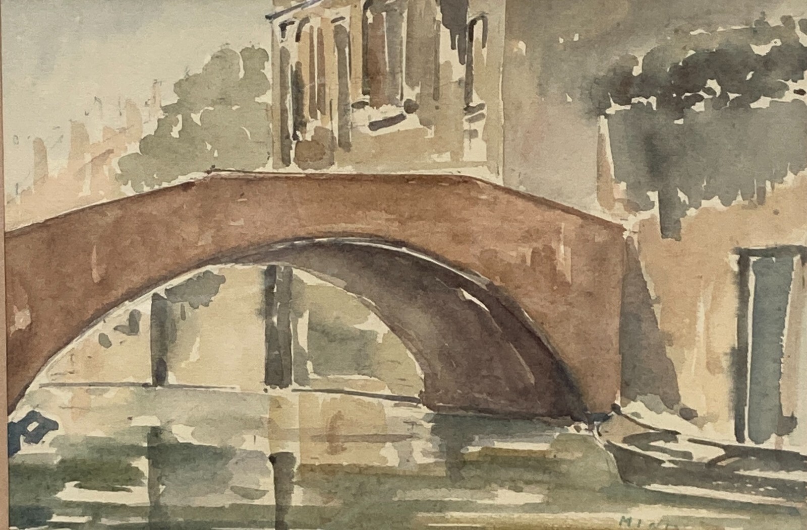 Arte Del '900: Venezia, Veduta Con Ponte. Artista Veneziano Alessandro Minio. Acquerello