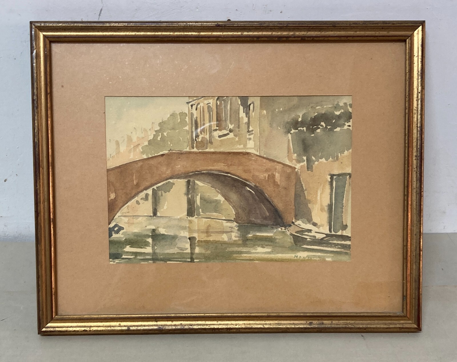 Arte Del '900: Venezia, Veduta Con Ponte. Artista Veneziano Alessandro Minio. Acquerello