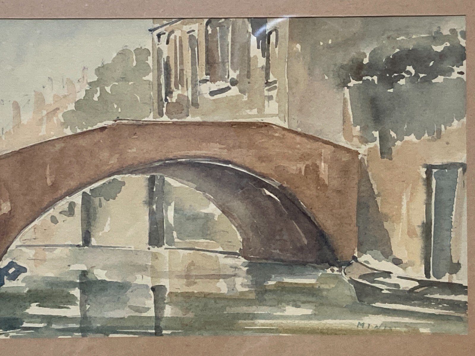 Arte Del '900: Venezia, Veduta Con Ponte. Artista Veneziano Alessandro Minio. Acquerello