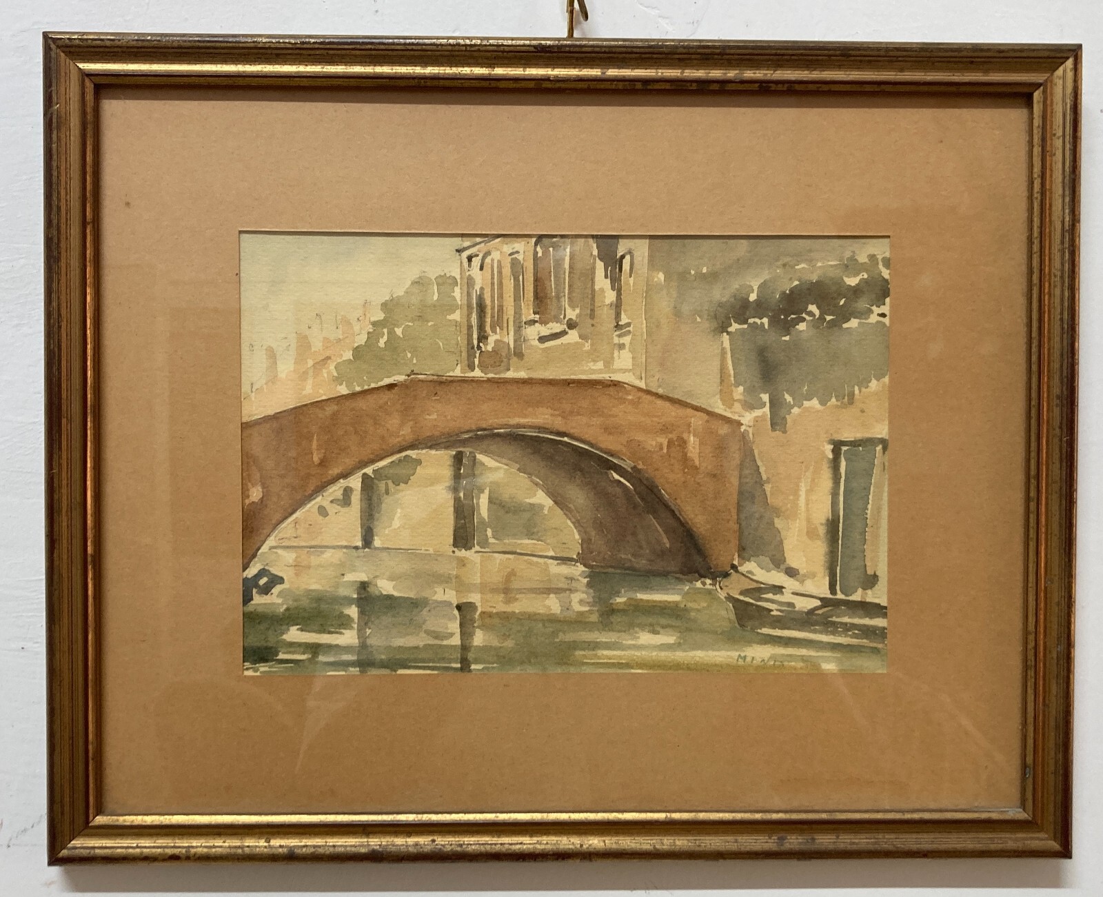 Arte Del '900: Venezia, Veduta Con Ponte. Artista Veneziano Alessandro Minio. Acquerello