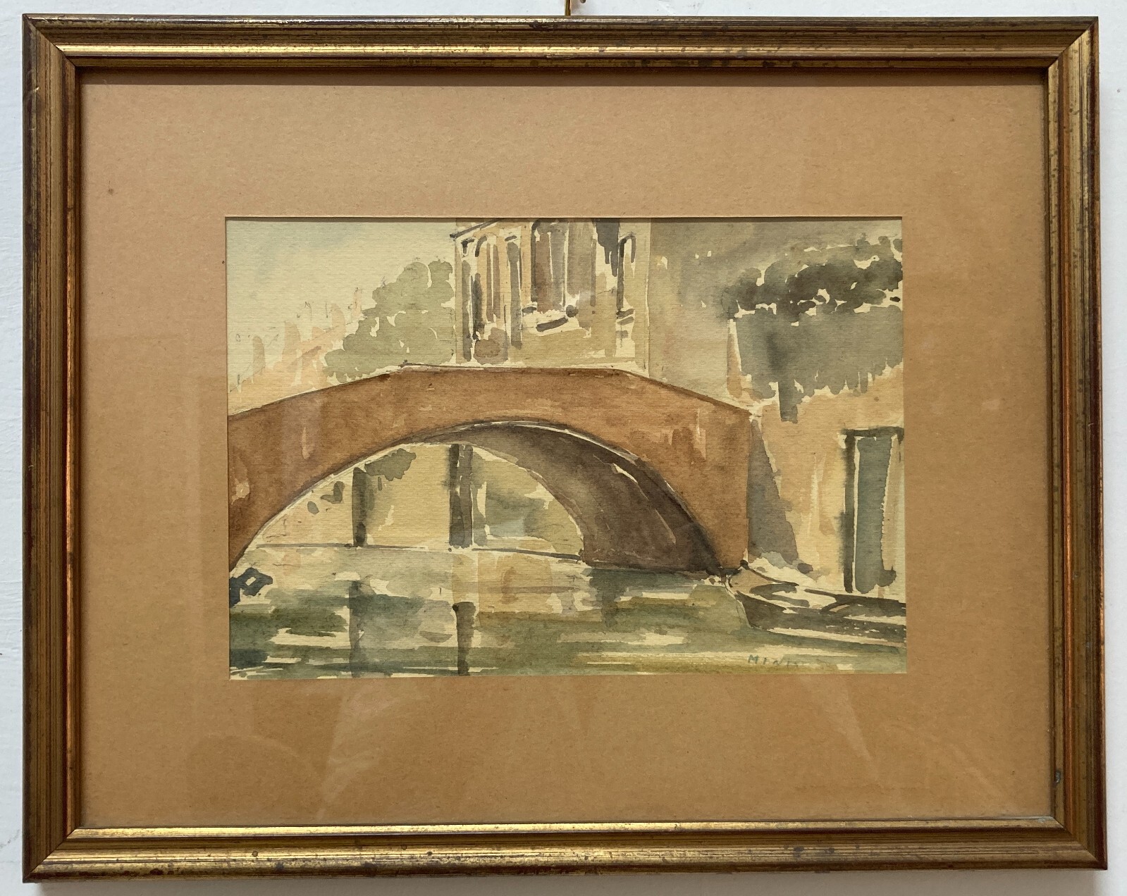 Arte Del '900: Venezia, Veduta Con Ponte. Artista Veneziano Alessandro Minio. Acquerello