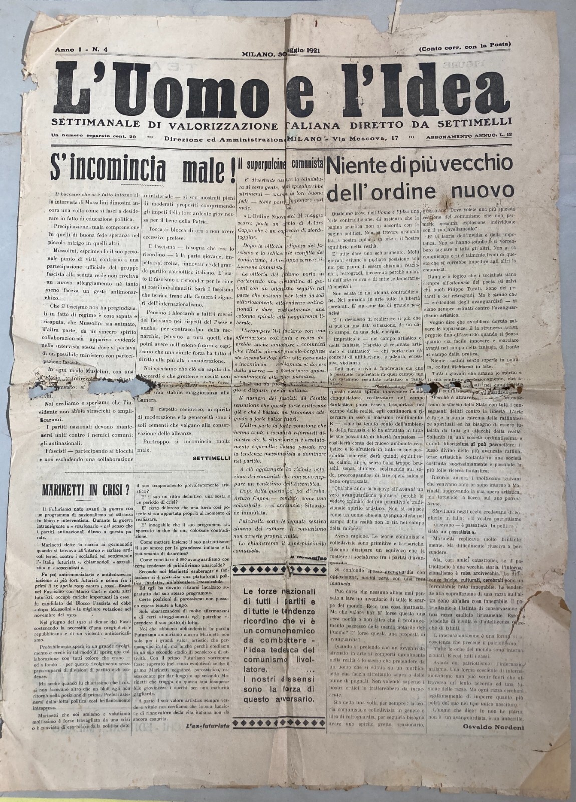 L'Uomo E L'Idea: Settimanale Di Valorizzazione Italiana Diretto Da Settimelli, 1921
