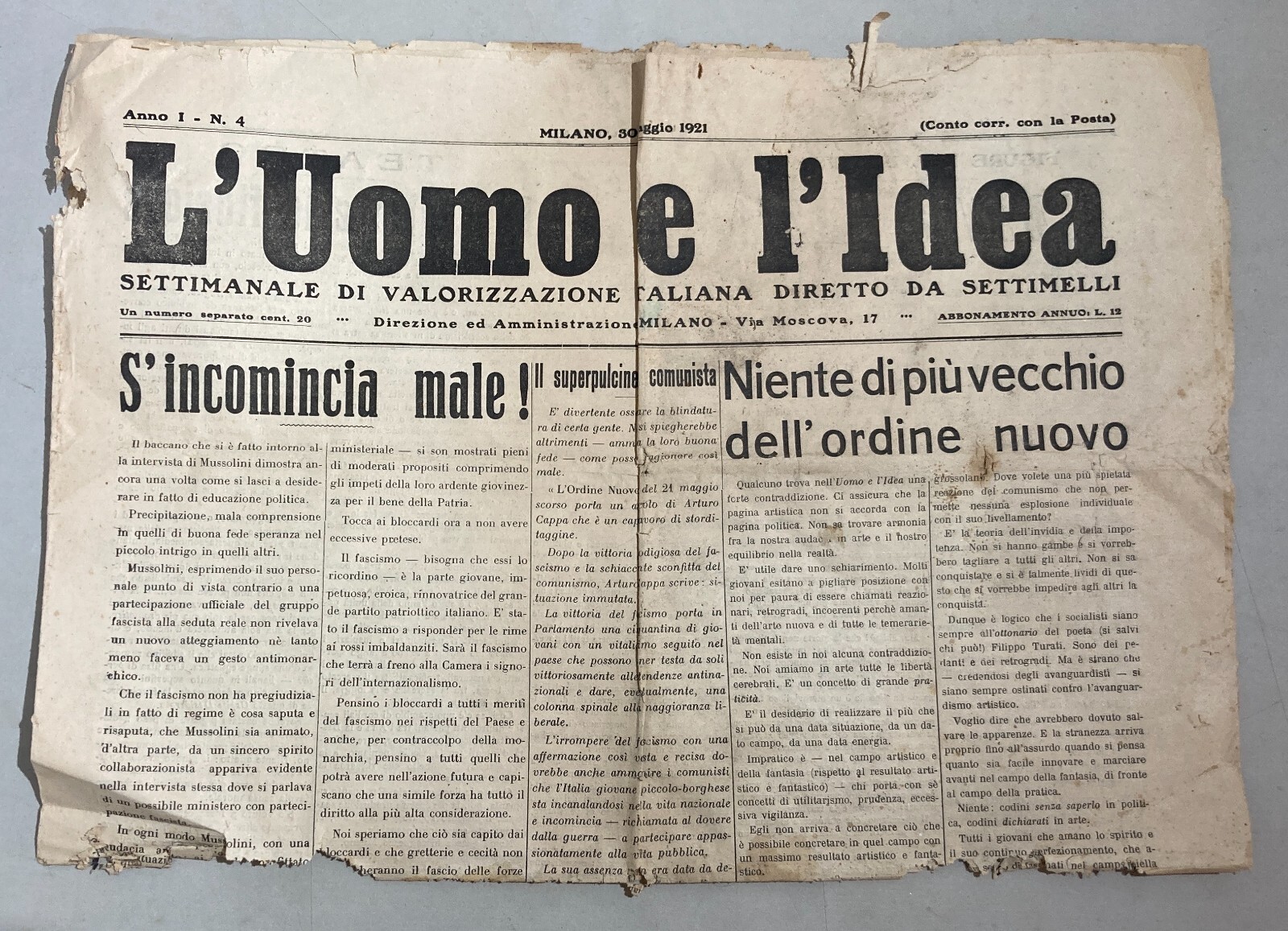 L'Uomo E L'Idea: Settimanale Di Valorizzazione Italiana Diretto Da Settimelli, 1921