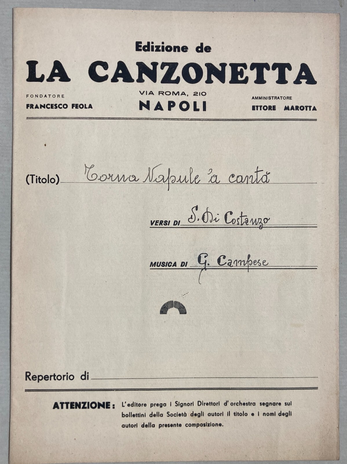 Napoli: Musica, Teatro E Dialetto. Spartito Musicale Di Salvatore Di Costanzo E Gino Campese