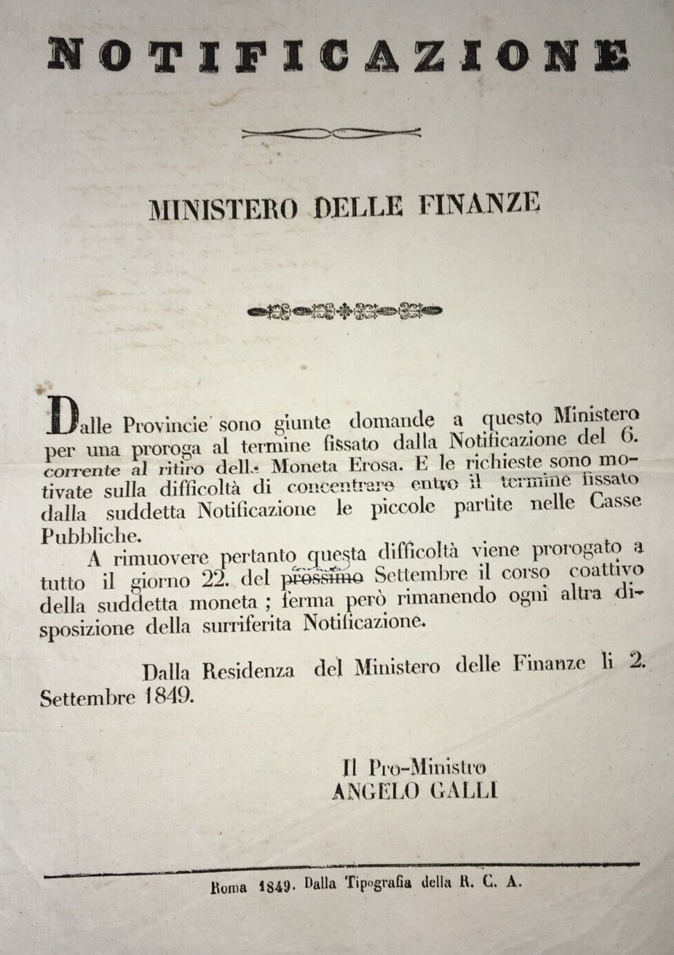 Numismatica: Moneta Erosa, Antico Foglio Volante Di Angelo Galli, Roma, 1849