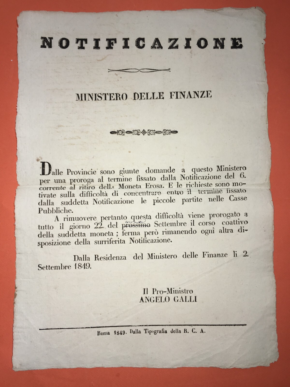 Numismatica: Moneta Erosa, Antico Foglio Volante Di Angelo Galli, Roma, 1849