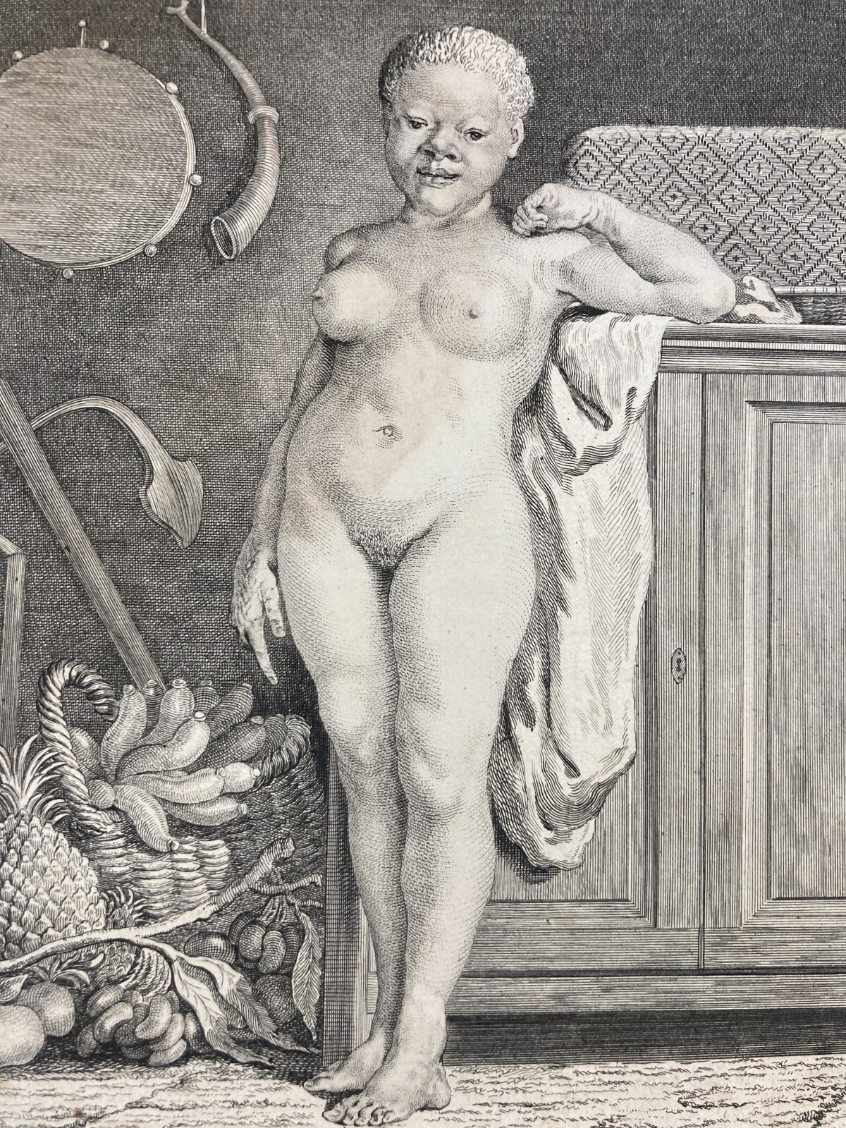 Antica Incisione   Figura Femminile Nuda Con Ortaggi   Artista De Sève   Guttemberg