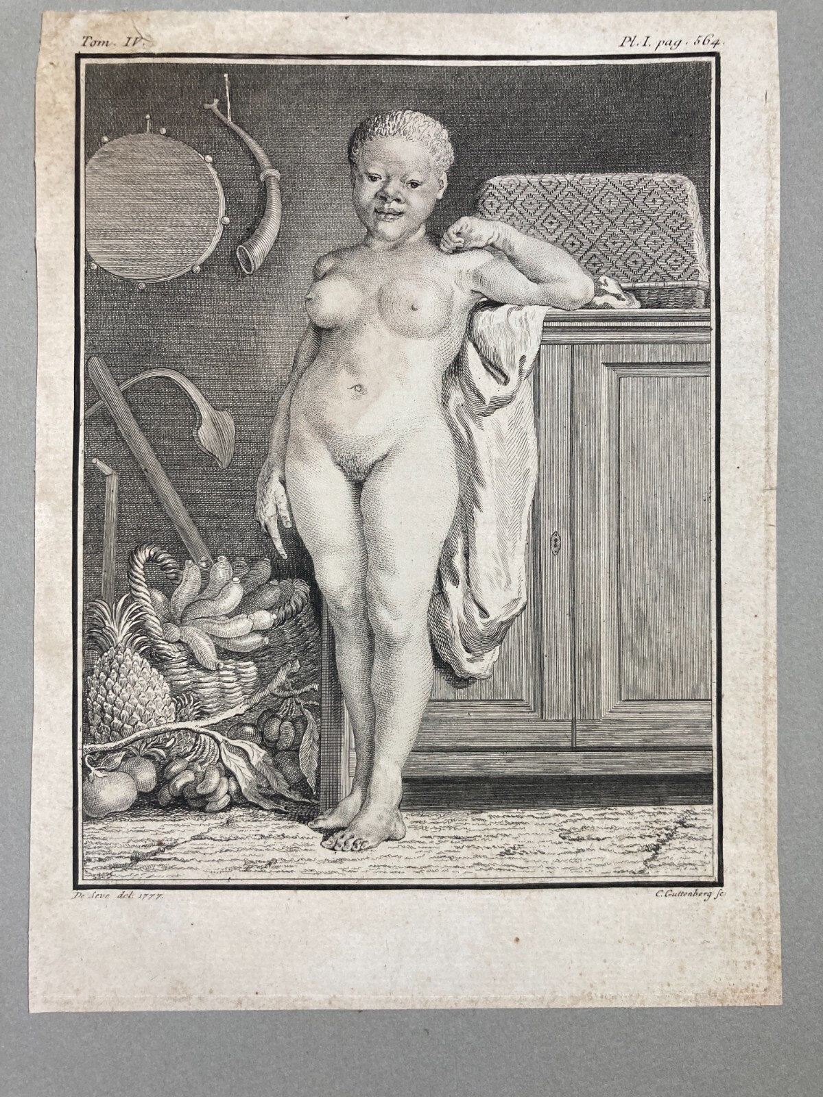 Antica Incisione   Figura Femminile Nuda Con Ortaggi   Artista De Sève   Guttemberg