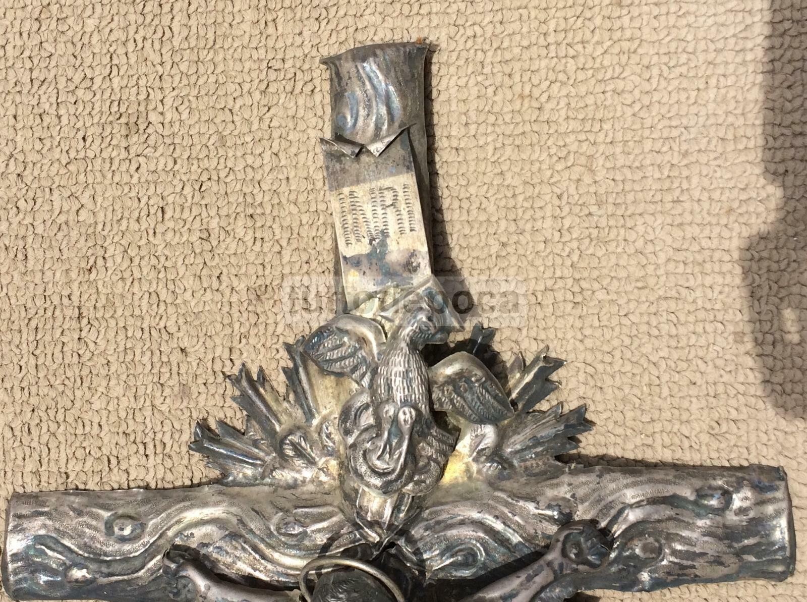 Crocifisso Antico In Metallo Argentato, Arte Popolare Devozionale Napoletana, XIX Secolo