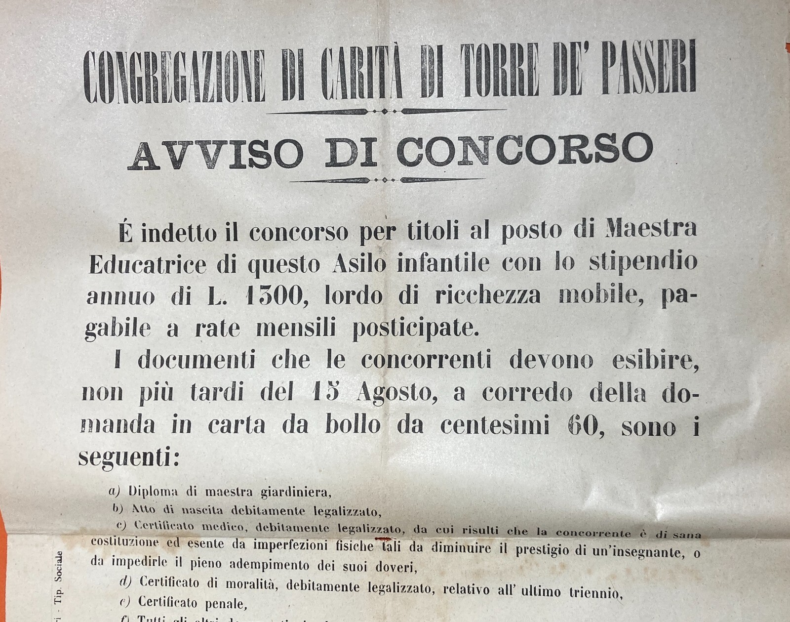 Abruzzo, Torre Dei Passeri: Congregazione Di Carità, Concorso Maestre d'Asilo, 1913