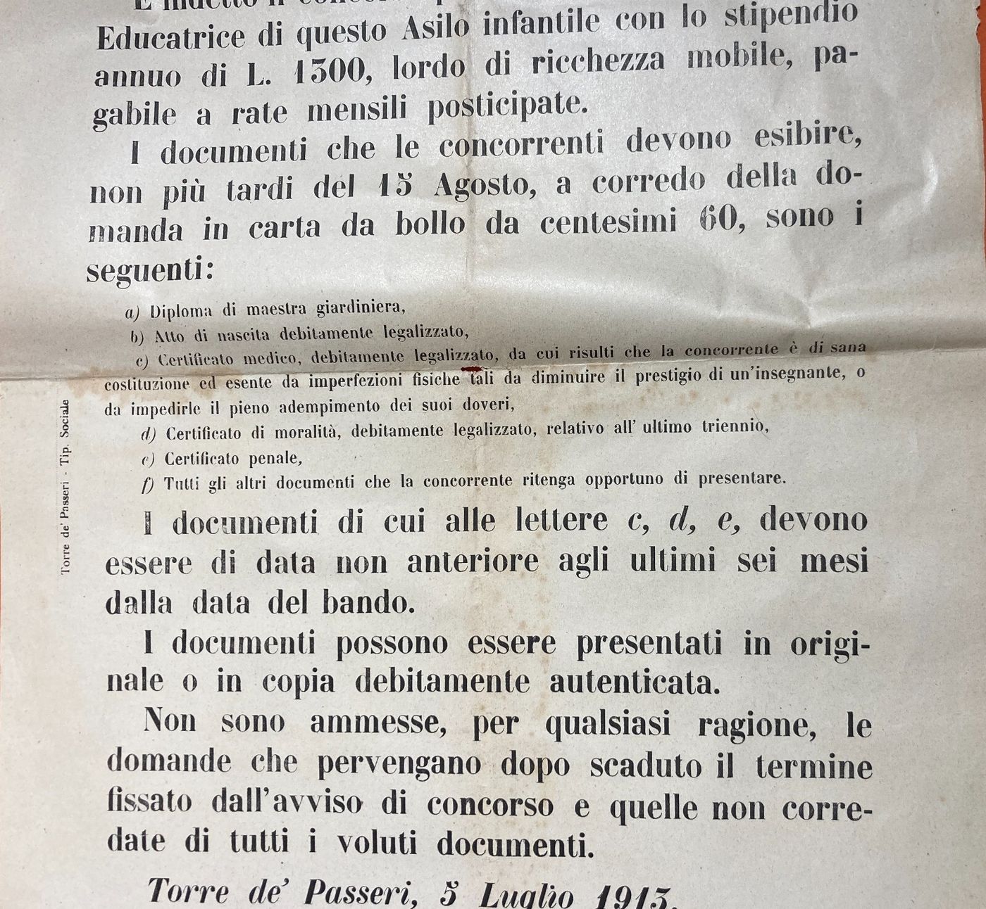 Abruzzo, Torre Dei Passeri: Congregazione Di Carità, Concorso Maestre d'Asilo, 1913