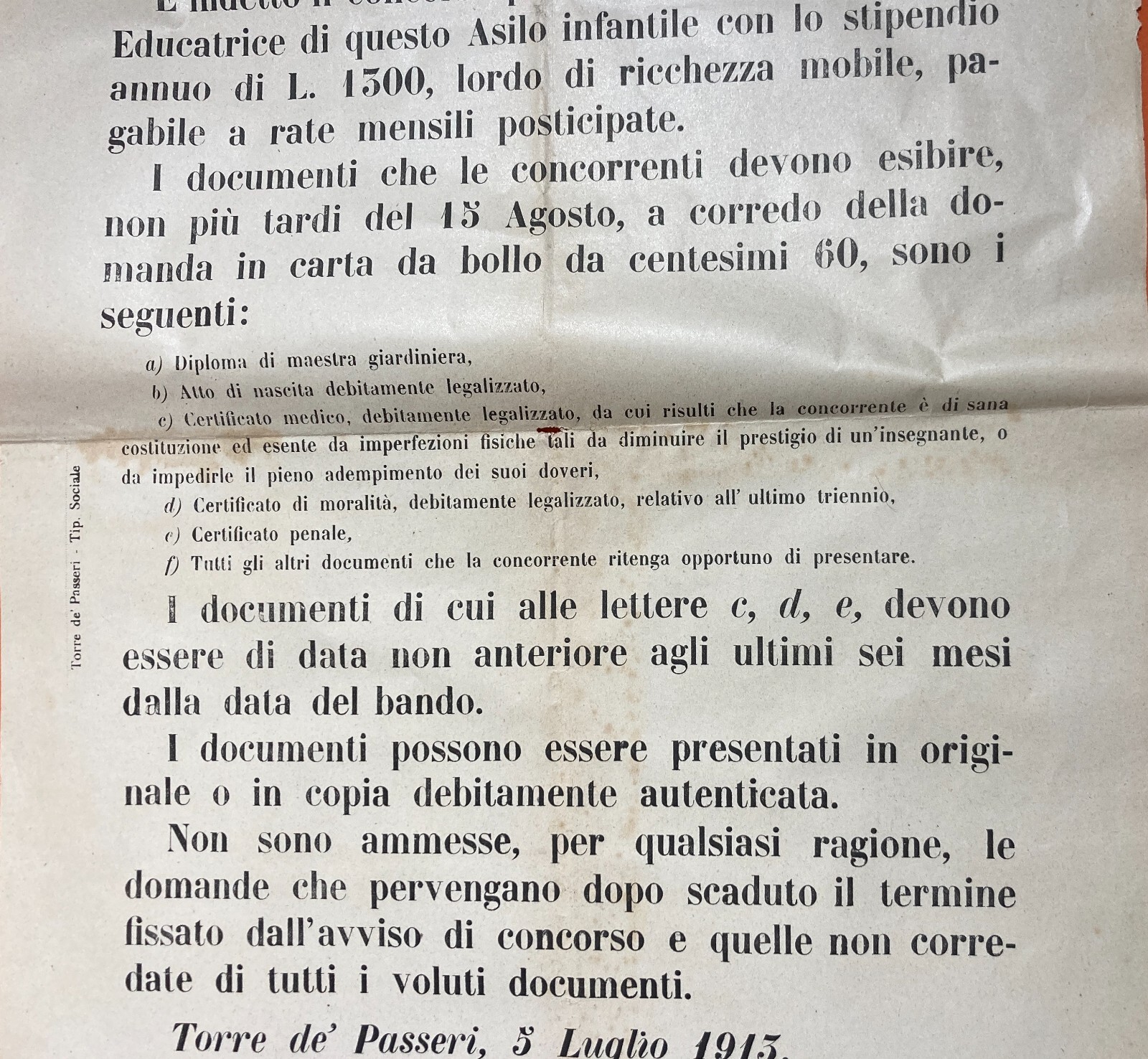 Abruzzo, Torre Dei Passeri: Congregazione Di Carità, Concorso Maestre d'Asilo, 1913