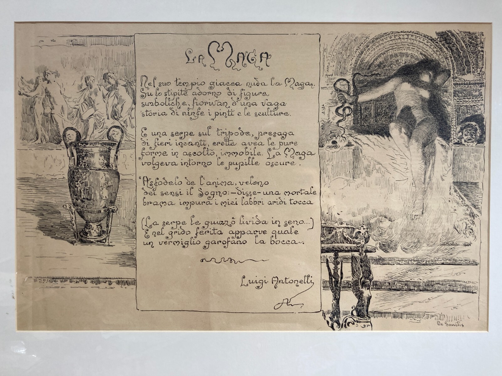 La Maga, Antica Stampa Litografica Da Guglielmo De Sanctis, L'Illustrazione Abruzzese