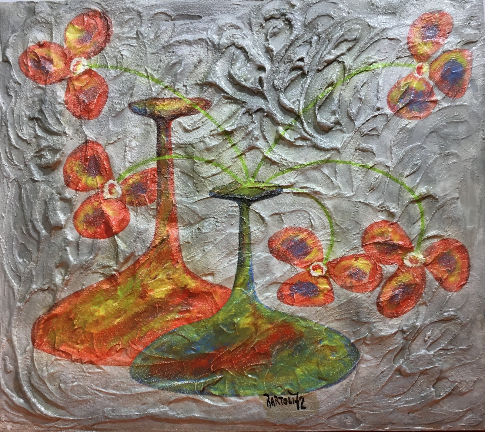 Arte: Piacevole Opera d'Arte, Soggetto Floreale Con Vasi O Bottiglie, Bartoli, 1972