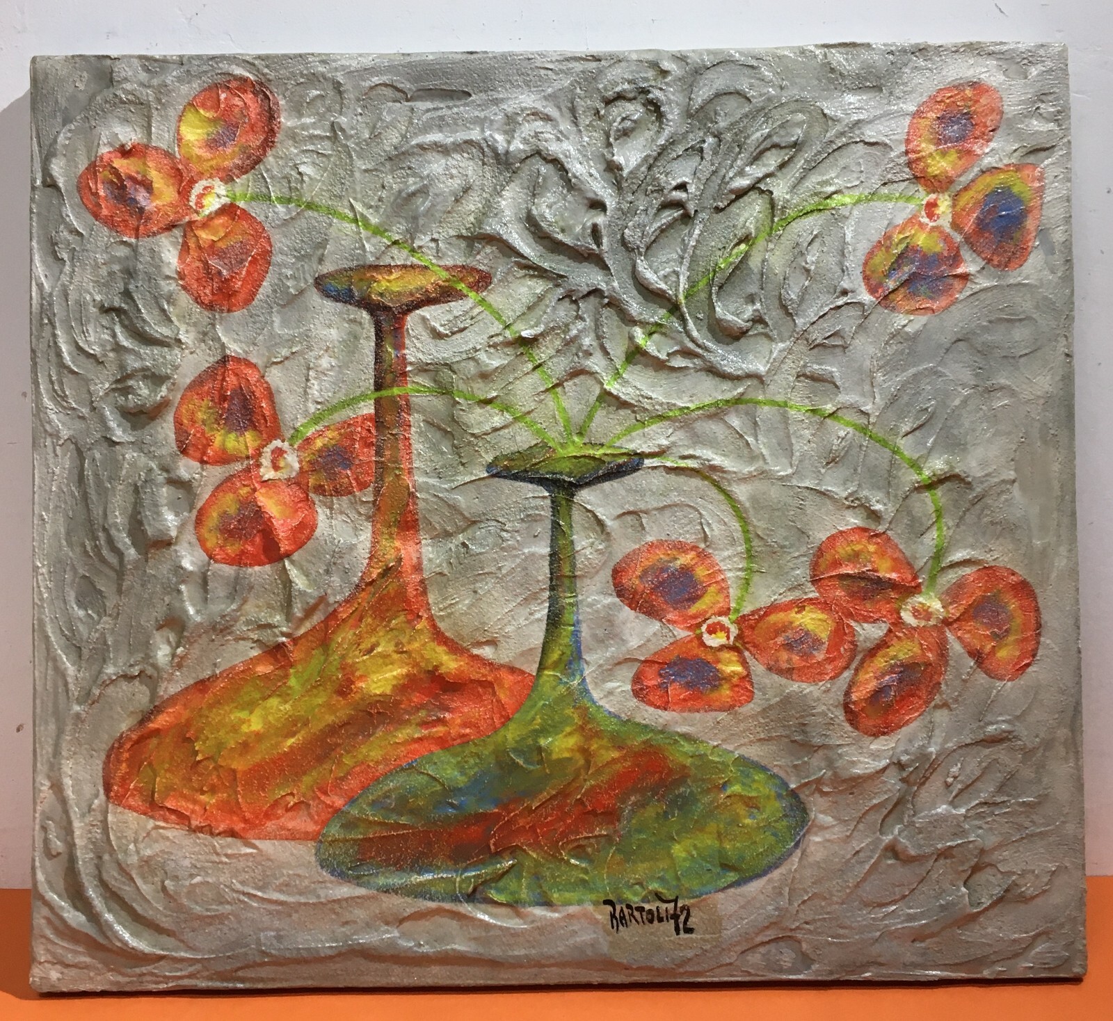 Arte: Piacevole Opera d'Arte, Soggetto Floreale Con Vasi O Bottiglie, Bartoli, 1972