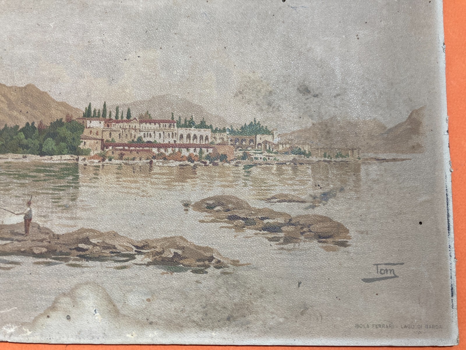 Lago Di Garda, Isola Ferrari. Bella Veduta Panoramica. Stampa A Colori. Artista Tom