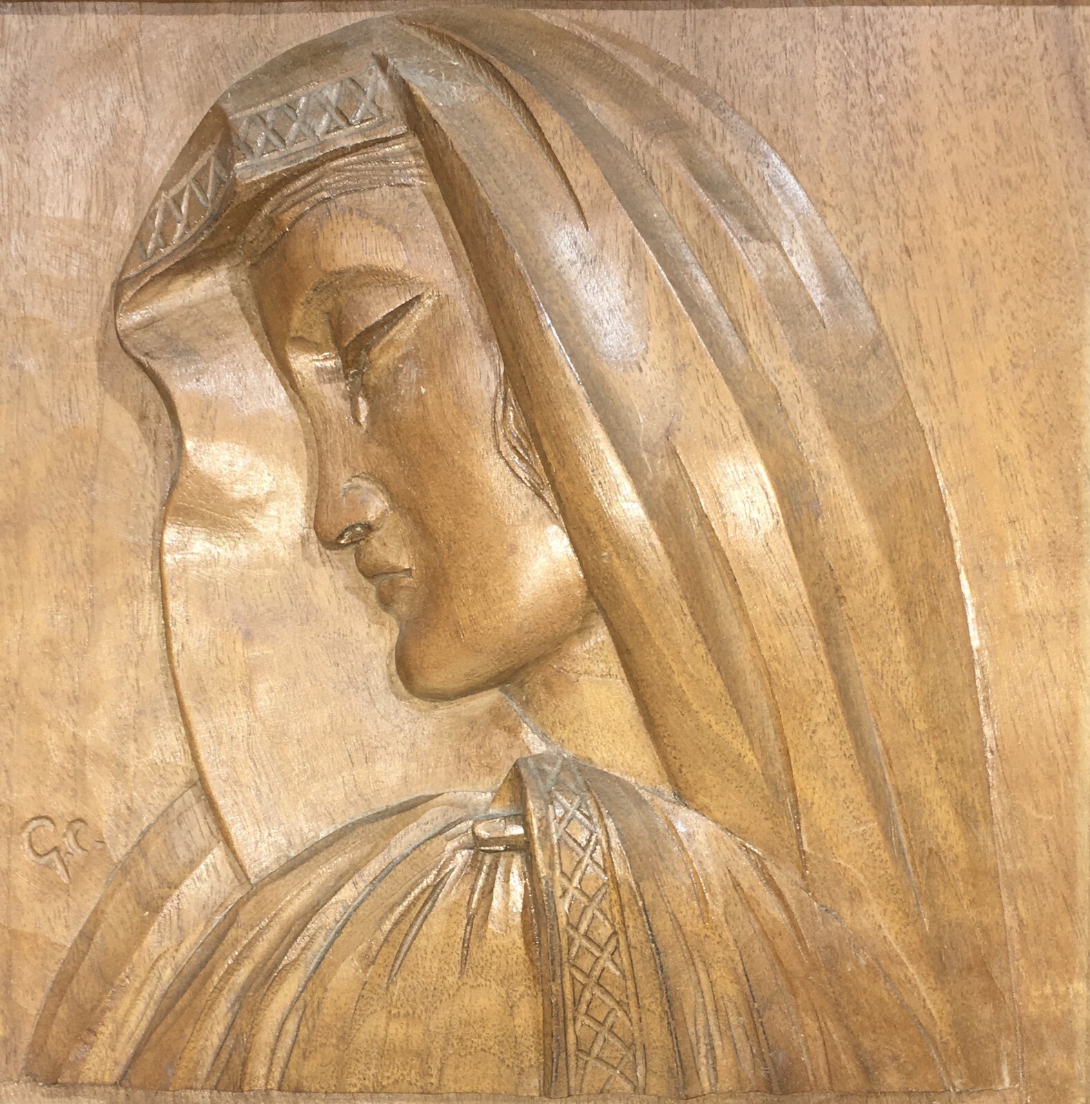 Scultura In Legno Intagliato Con Figura Devozionale Dell'Addolorata, Siglata GC, Metà Del XX Secolo
