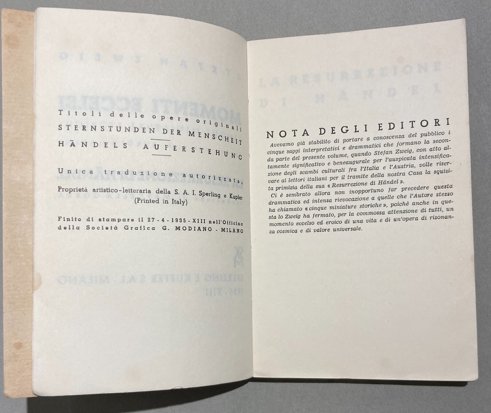 Stefan Zweig   Momenti Eccelsi   Goethe, Handel, Eldorado, Polo Sud   Copertina Di M. Leone   1935