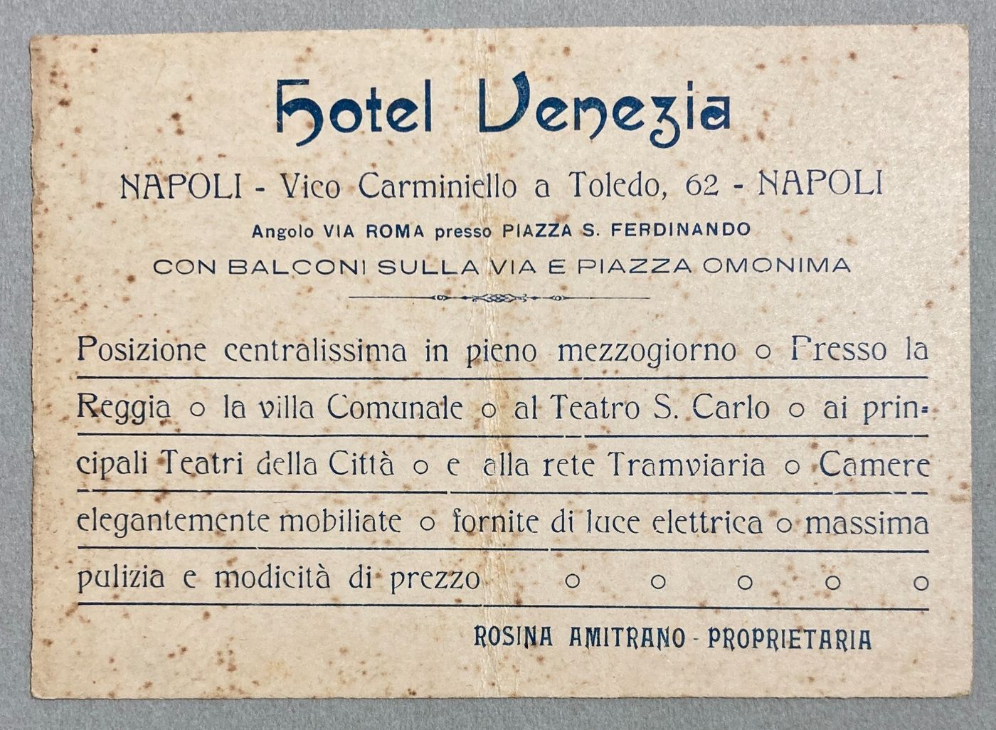 Napoli   Antica Pubblicità   Hotel Venezia   Rosina Amitrano   Cartoncino d'Epoca