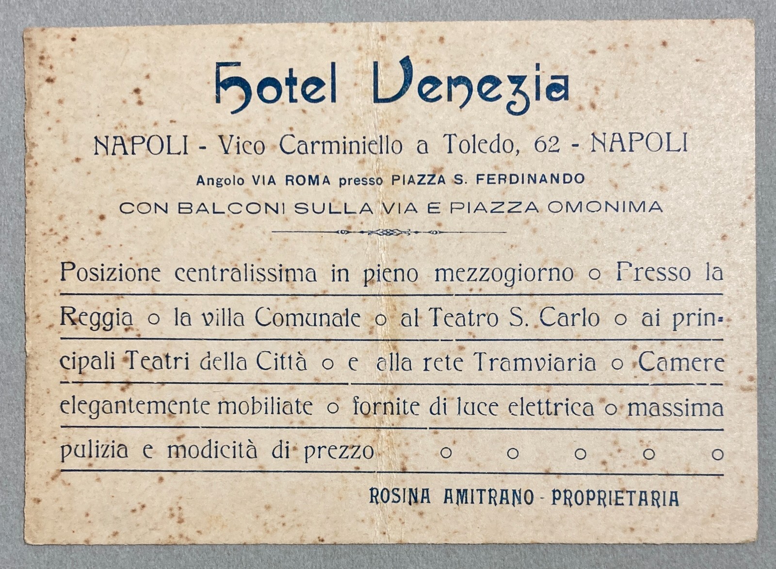 Napoli   Antica Pubblicità   Hotel Venezia   Rosina Amitrano   Cartoncino d'Epoca