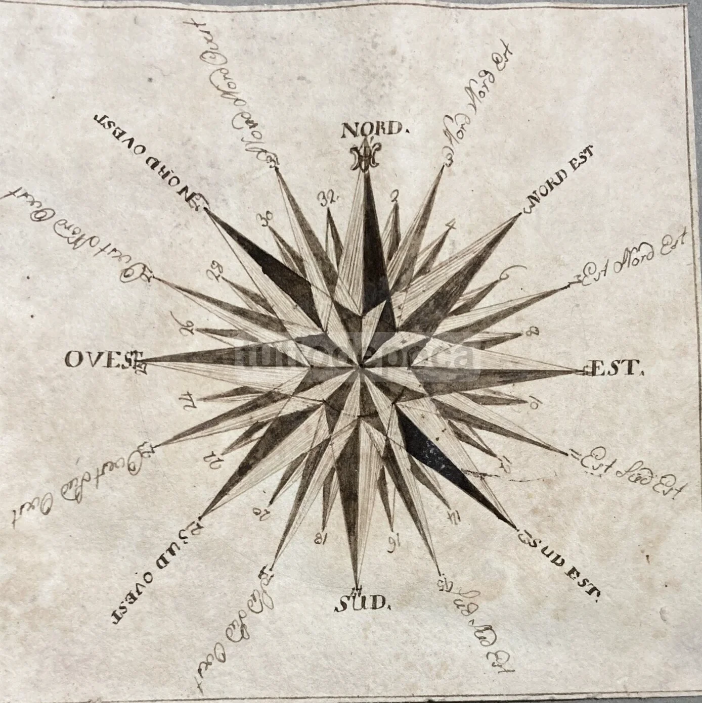 Cosmology, Esotericism, Compass, Compass Rose: Antique 18th-Century Ink Drawing