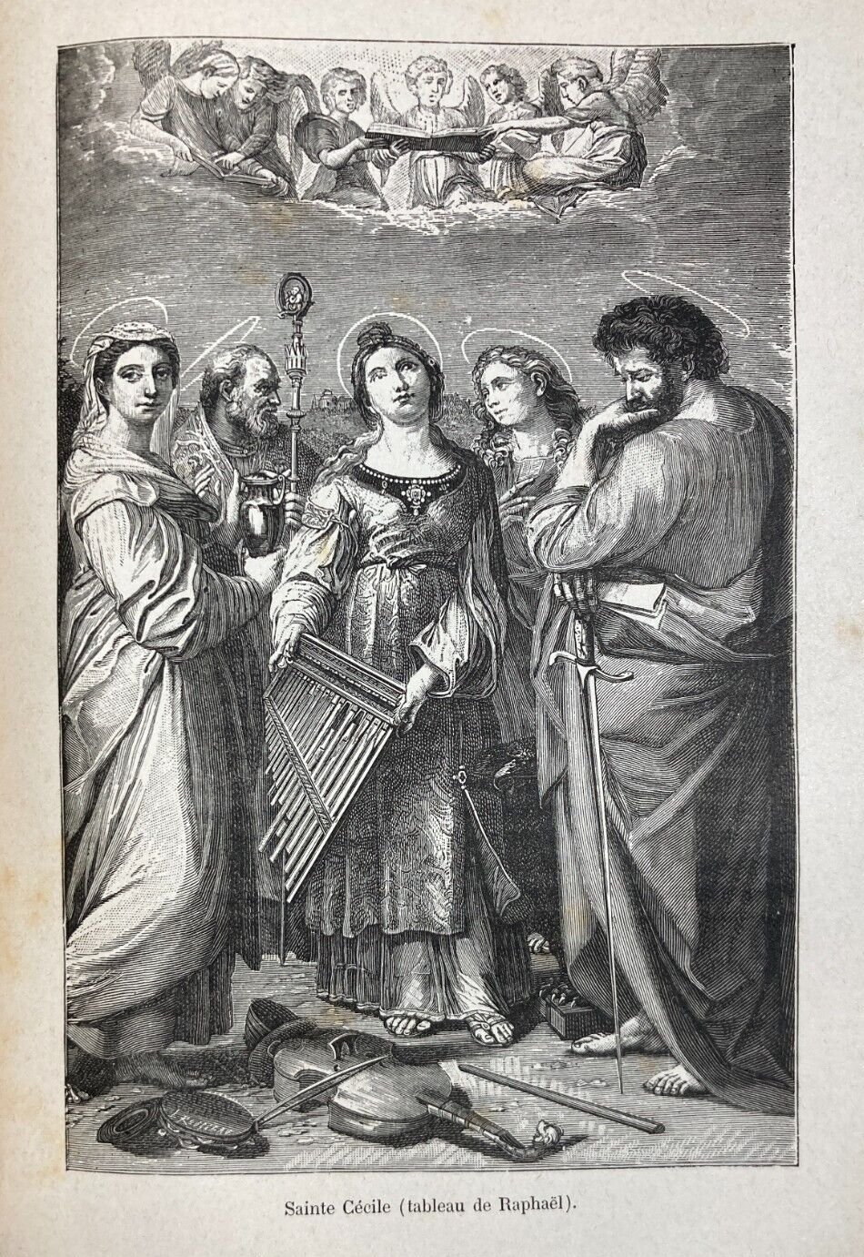 Antica Stampa Devozionale: Santa Cecilia E Strumenti Musicali (Raffaello)