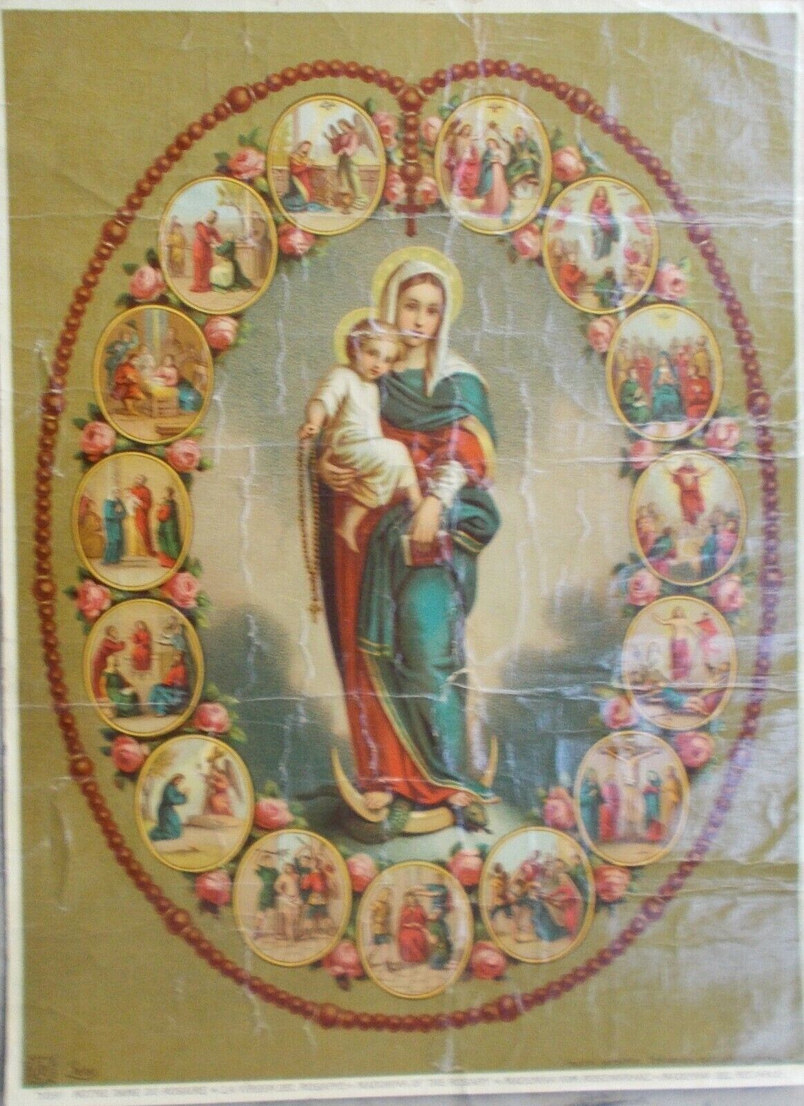 Stampa Popolare Devozionale: Madonna Del Rosario Con Agiografia Illustrata