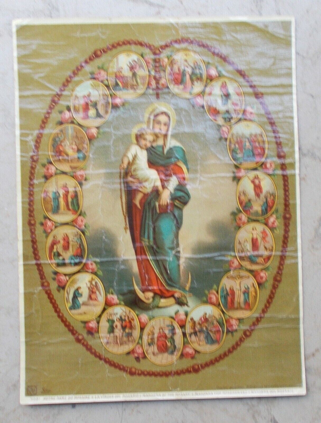 Stampa Popolare Devozionale: Madonna Del Rosario Con Agiografia Illustrata