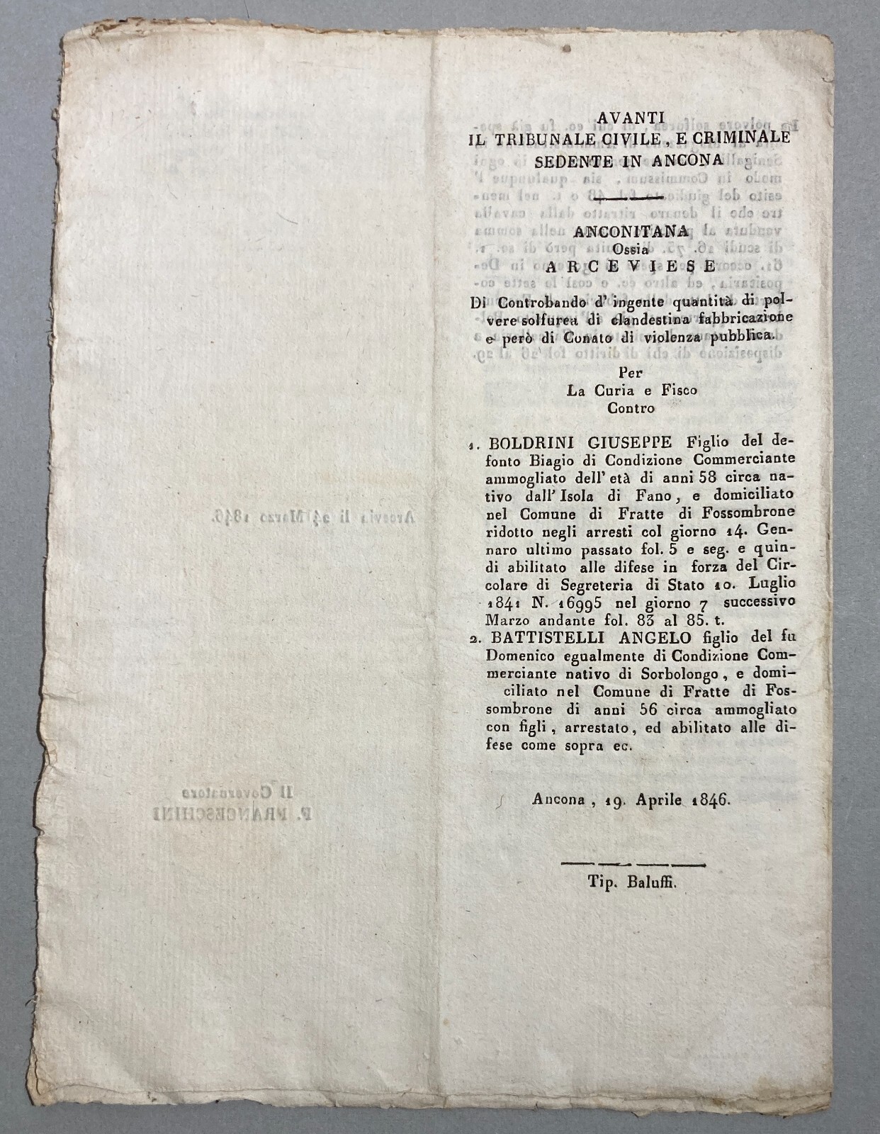 Marche, Ancona, Arcevia: Contrabbando Di Polvere Sulfurea E Ordine Pubblico, 1846