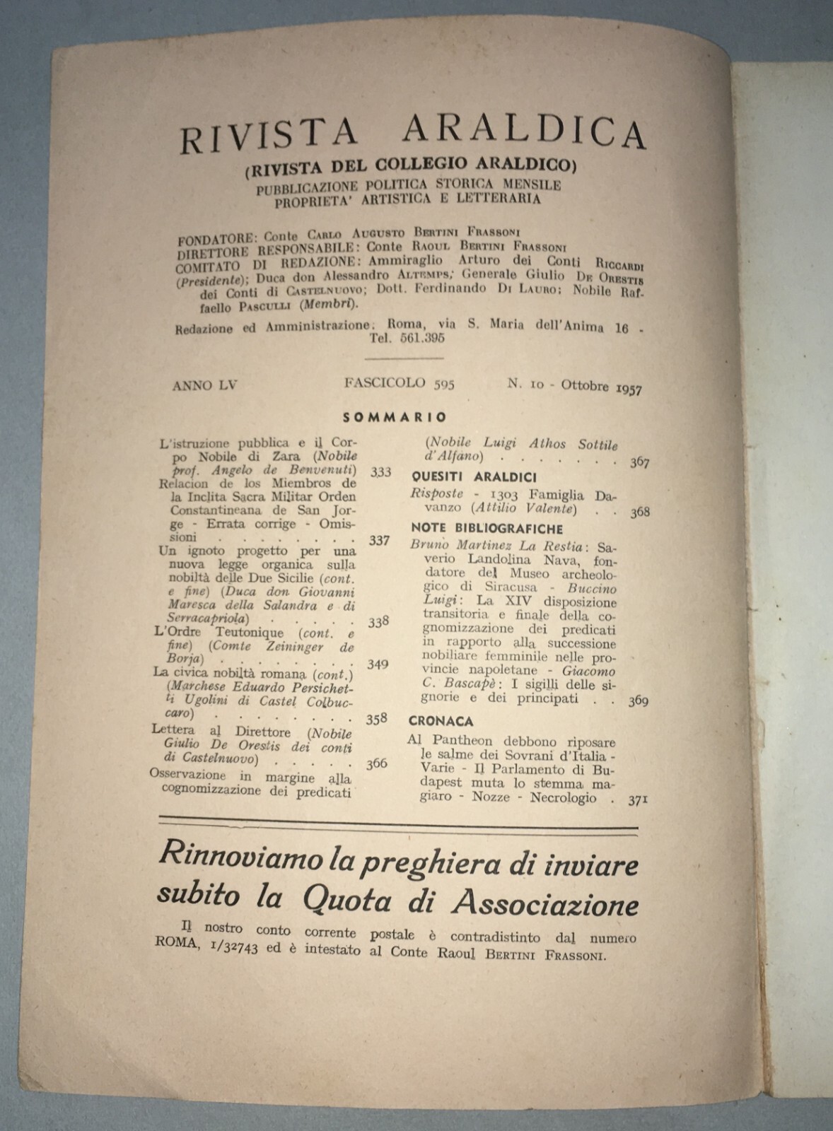 Rivista Araldica: Nobiltà Romana, Due Sicilie, Zara E Ordine Teutonico (1957)