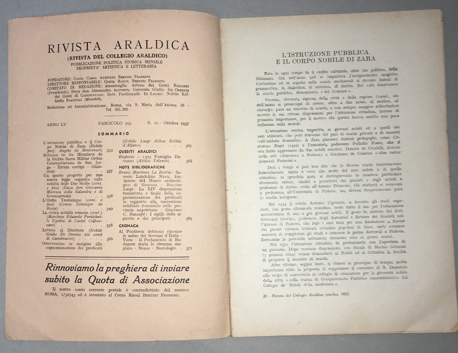 Rivista Araldica: Nobiltà Romana, Due Sicilie, Zara E Ordine Teutonico (1957)