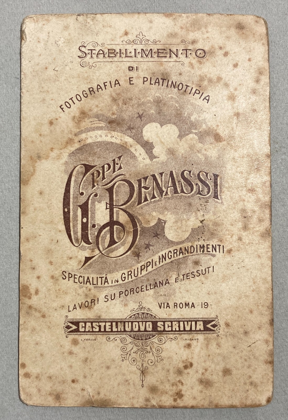 Piemonte, Castelnuovo Scrivia. Antica Fotografia Originale. Foto Benassi. Pubblicità
