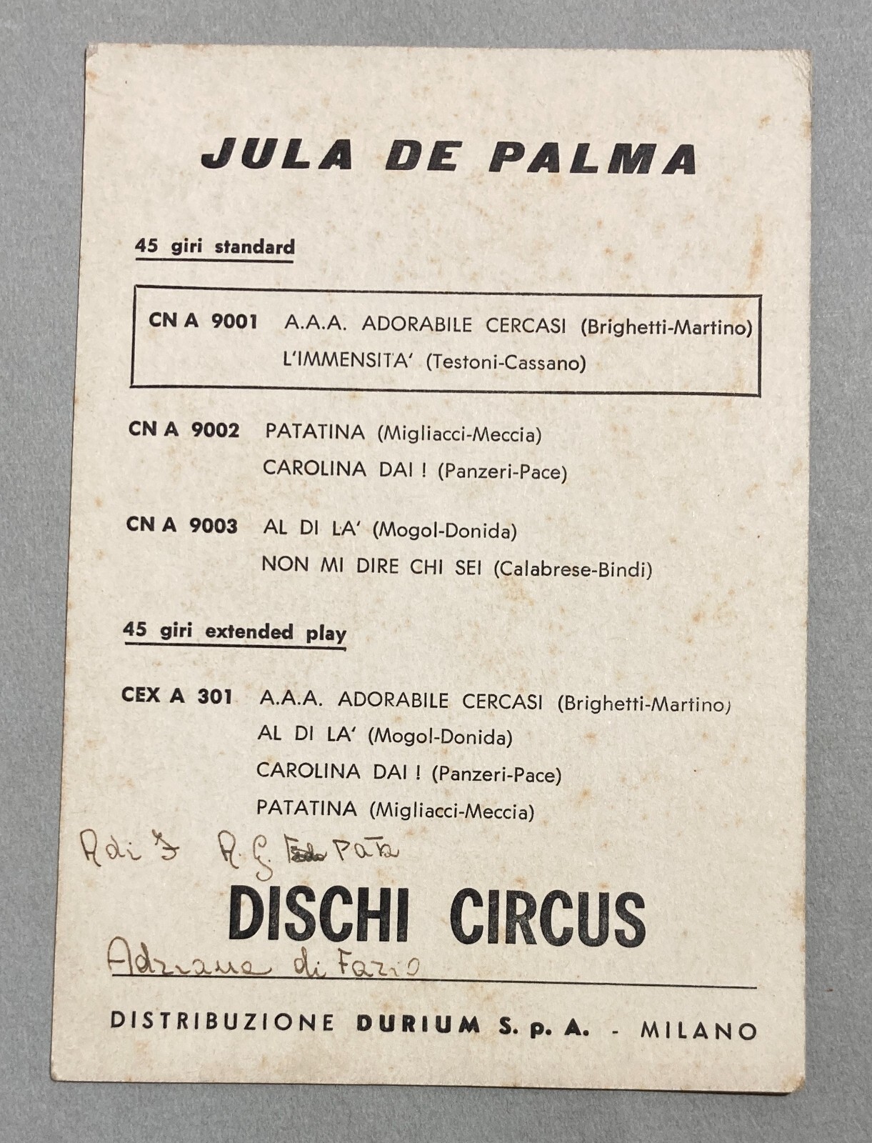 Musica: Jula De Palma, Cartolina Pubblicitaria Dischi Circus, Durium, Milano