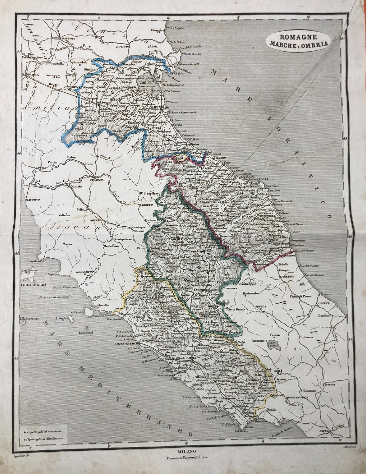 Antica Cartografia: Romagna, Marche, Umbria, Lazio. Allodi, Naymiller, Pagnoni, XIX Secolo