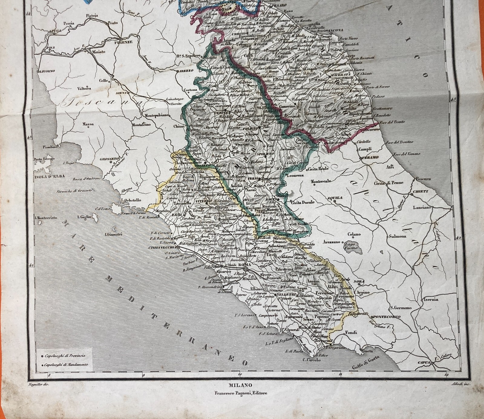 Antica Cartografia: Romagna, Marche, Umbria, Lazio. Allodi, Naymiller, Pagnoni, XIX Secolo
