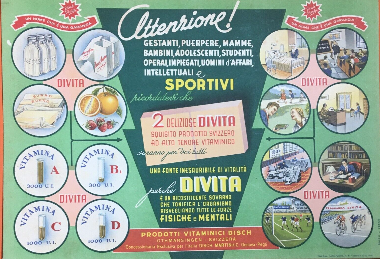 Divita Integratore Vitaminico   Cartello Pubblicitario Disch Martin Genova