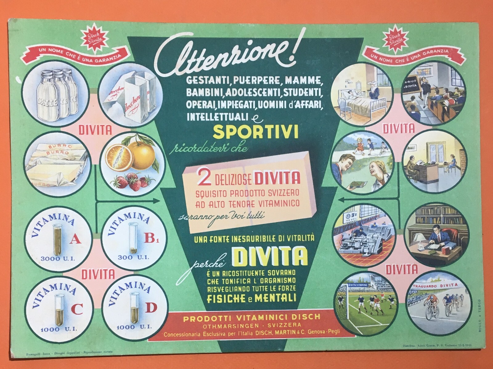 Divita Integratore Vitaminico   Cartello Pubblicitario Disch Martin Genova