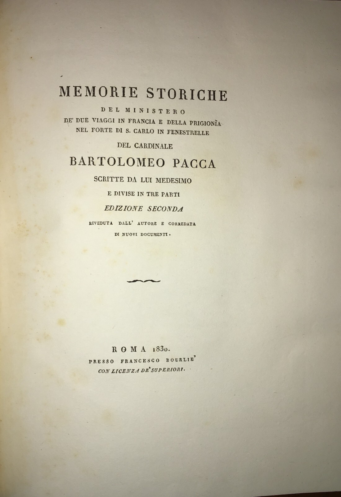 Cardinale Bartolomeo Pacca: Memorie Storiche, Edizione 1830 In Legatura Di Pregio