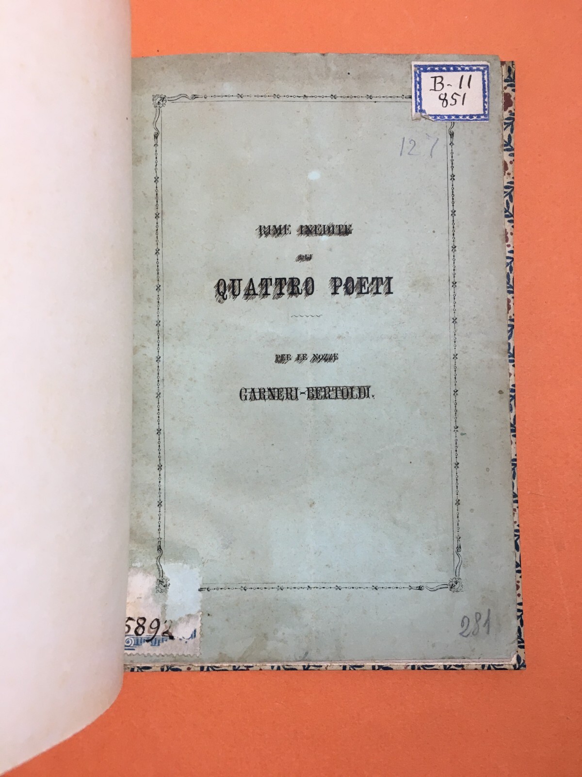 Antica Edizione Per Nozze Garneri Bertoldi, A Cura Di Domenico Carbone, 1872