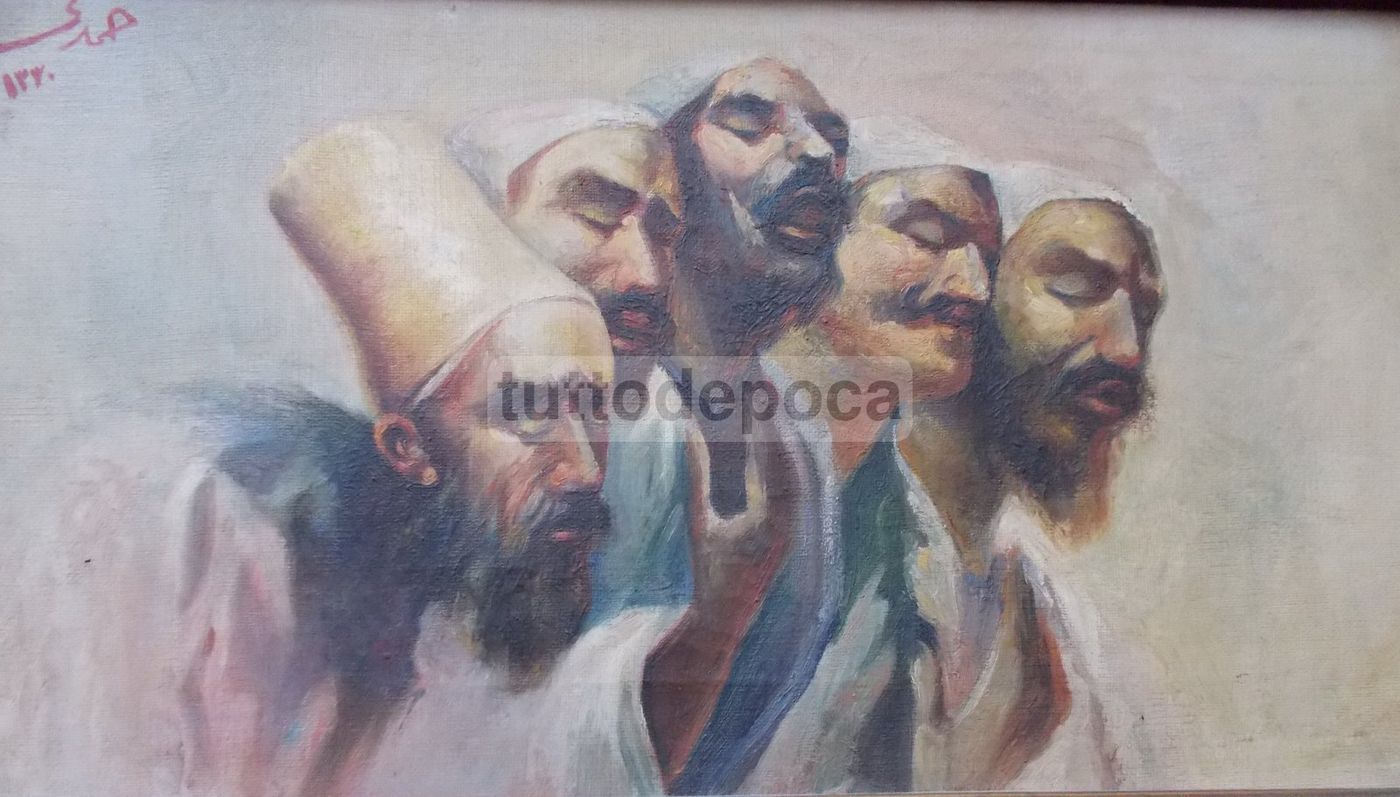 Oriente, Asia: Uomini In Preghiera. Dipinto d'Epoca Attribuito A Fausto Zonaro
