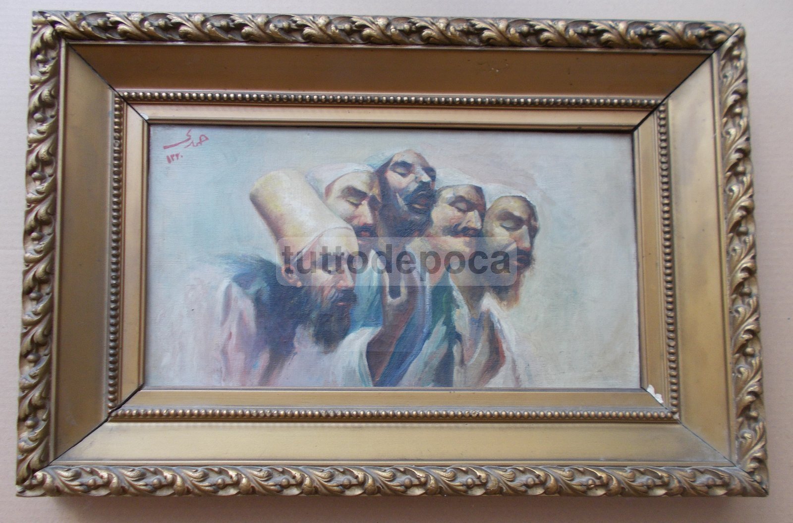 Oriente, Asia: Uomini In Preghiera. Dipinto d'Epoca Attribuito A Fausto Zonaro
