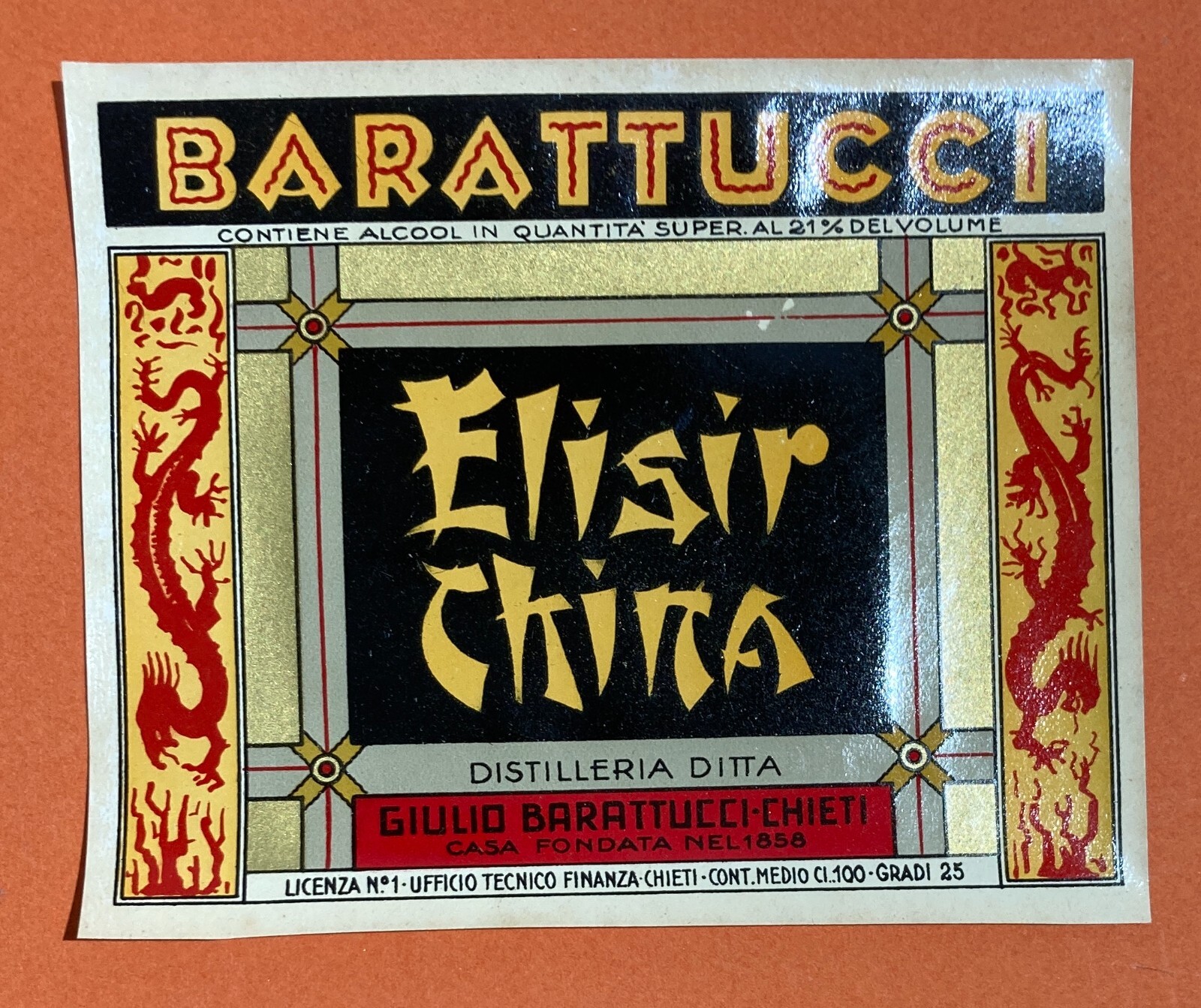 Abruzzo, Chieti, Liquori, Distilleria Barattucci, Etichetta Originale, Elisir China